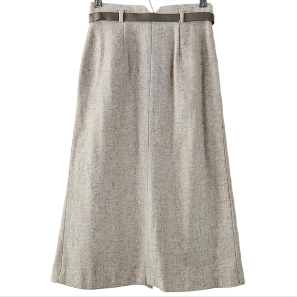Marianne Fashion Vintage Wool Blend Taupe Oatmeal Wool Blend Skirt with Belt - Picture 2 of 5